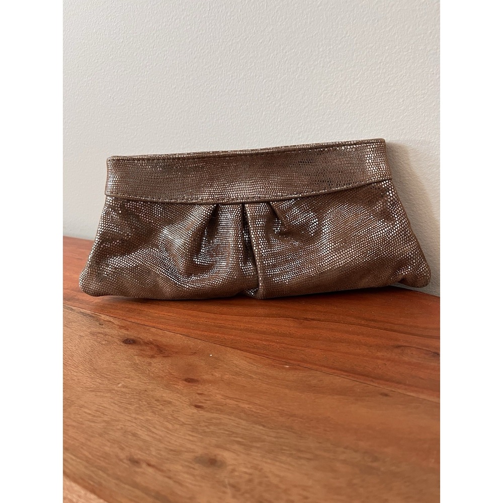 Lauren Merkin Eve Bronze Metallic Snake Embossed‎ Leather Pleated Clutch Bag NYC
